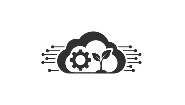 Dark grey cloud technology icon containing a mechanical gear and a small plant sprout, with electronic circuit lines.