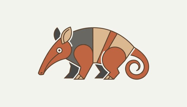 Stylized flat armadillo or anteater animal illustration in warm brown and grey tones on beige background.
