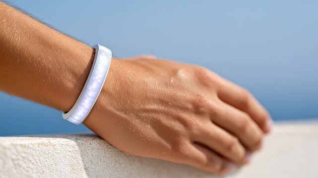 Wearable fitness tracker on wrist against clear blue sky background