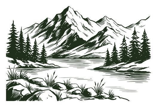 Vintage mountain landscape vector illustration, hand drawn alpine lake and pine forest scene, rustic wilderness nature sketch