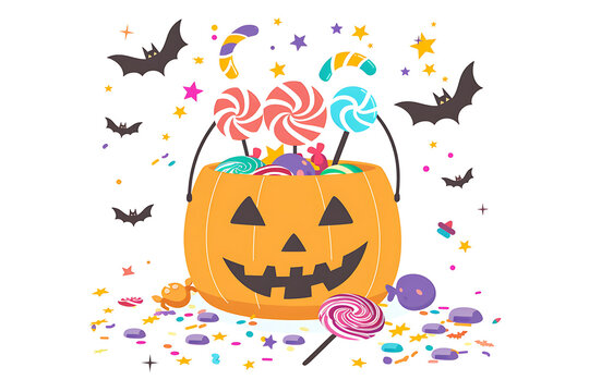 Cute flat vector Halloween pumpkin candy bucket with bats stars and lollipops isolated on white providing copy space for kid party greeting card flyer layout.