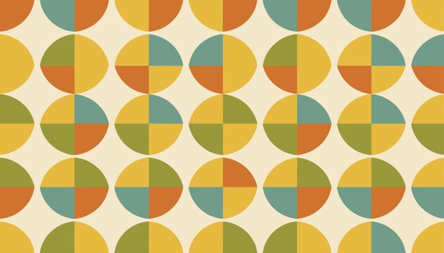 Retro geometric background featuring repeating colorful circles divided into four segments of mustard blue and orange.