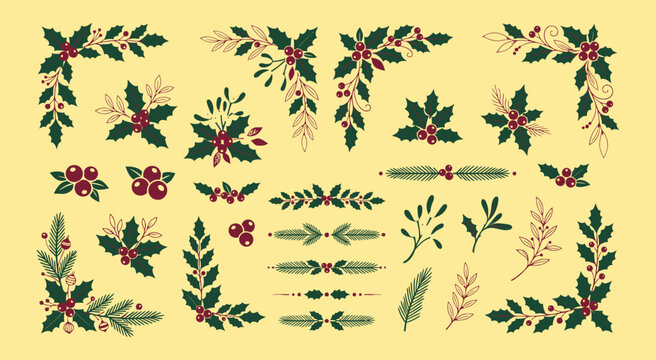Set of vintage watercolor christmas floral elements and decorative borders for festive holiday greeting card designs