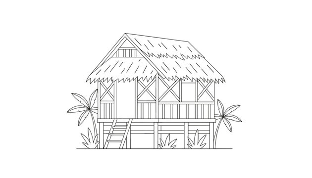 Tropical stilt hut with a thatched roof and palm trees is drawn in a detailed black and white line style.