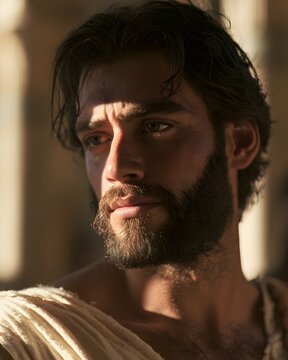 Closeup portrait of a bearded man in ancient attire with dramatic sunlight and shadows