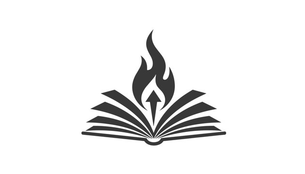 Silhouette of an open book with flames and an upward arrow symbolizes passionate learning and rising knowledge.