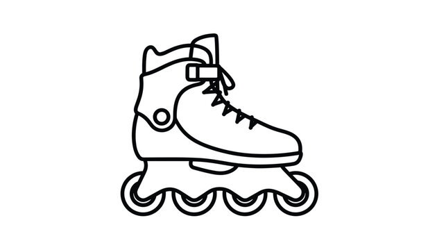 Simple line art icon of an inline roller skate showing detailed boot, laces, and four aligned wheels on white.