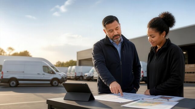 Logistics Colleagues Reviewing Plans Outside a Distribution Center