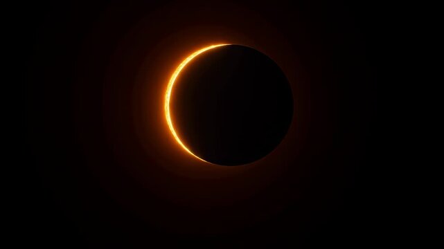 Solar eclipse progresses as a dark moon crosses the glowing sun in black space. Astronomy education, science documentary, and space presentation.