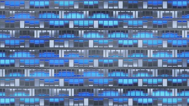 Punched Metal Tab Louver Sheet Lifting in Shear Waves With Colored Backlight Seamless Loop in subtle steel tones