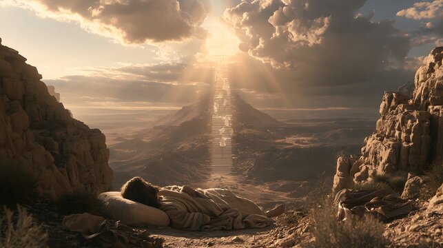 Biblical scene of jacobs ladder with angels ascending and descending in a desert landscape under a radiant sky
