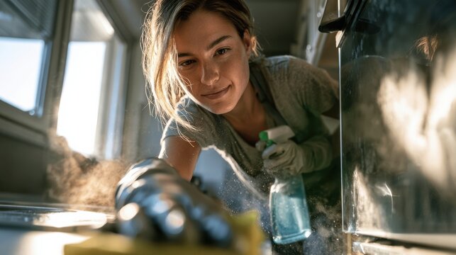 Female cleaning professional scrubs a household surface while wearing protective gloves, illustrating intensive home cleaning, deep cleaning services, hygiene maintenance and domestic work