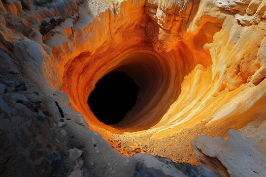landscape with surreal glowing orange sinkhole spiraling into desert rock, photorealistic