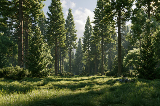 landscape with tall conifer forest and bright grassy understory beneath a broken canopy, photorealistic