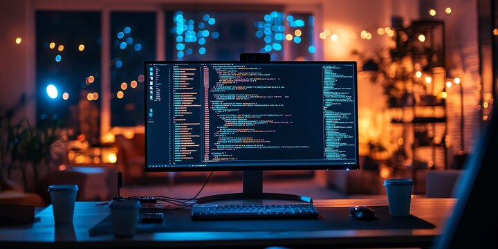 Close-Up of Computer Monitor Displaying Colorful Coding Lines in a Cozy, Dimly Lit Workspace
