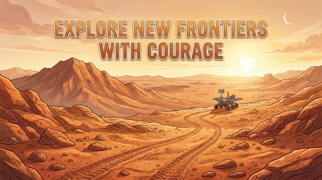 Mars Rover Exploring Rocky Red Planet Landscape with Inspirational Text Quote