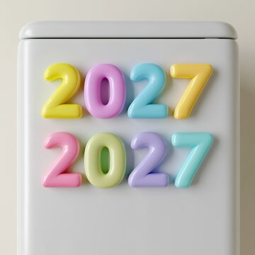 The fridge features soft clay magnets shaped like the numbers 2027 in pastel colors. This adds a festive touch to the home.