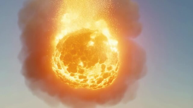 Fiery celestial sphere descending through a smoky atmosphere with flames and sparks. Astronomy education, science documentary, and space film sequence.