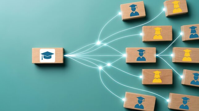 Education and graduation network concept with wooden blocks and icons