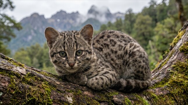 Kodkod wild cat resting on a mossy tree branch in the Patagonian forest landscape