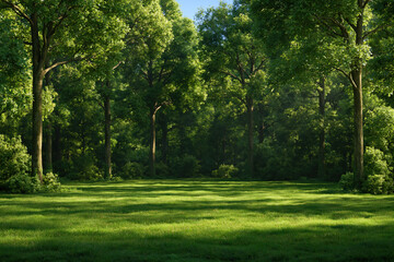 Fototapeta premium landscape with wide emerald meadow at the edge of a dense deciduous forest, photorealistic