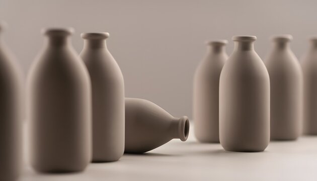 Group of matte ceramic beige bottles standing upright with one single bottle tipped over on its side, symbolizing disruption, uniqueness, or deviation