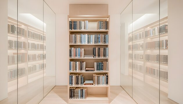 Bright modern library interior with wooden bookshelf centered between large floor glass mirrors creating endless reflections of book collections and shelves