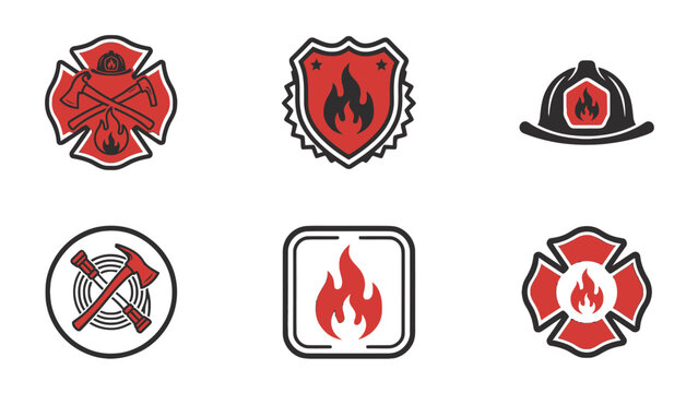 A collection of vintage style firefighter emblems and badges featuring red flames crossed axes and protective shields isolated on a dark black background