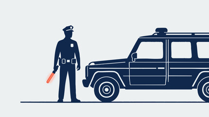 Police officer silhouette holding traffic wand next to patrol car illustration © ColorAsia