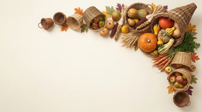 Thanksgiving cornucopia filled with autumn harvest vegetables and fruits arranged as a decorative corner border on white background