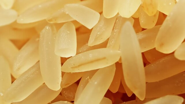 Golden long grain rice macro close up presentation slowly rotating stock footage