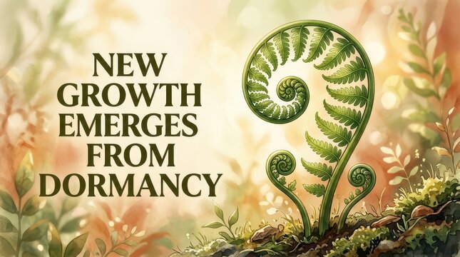 New Growth Emerges From Dormancy Conceptual Art with Fern Fiddlehead in Spring Forest
