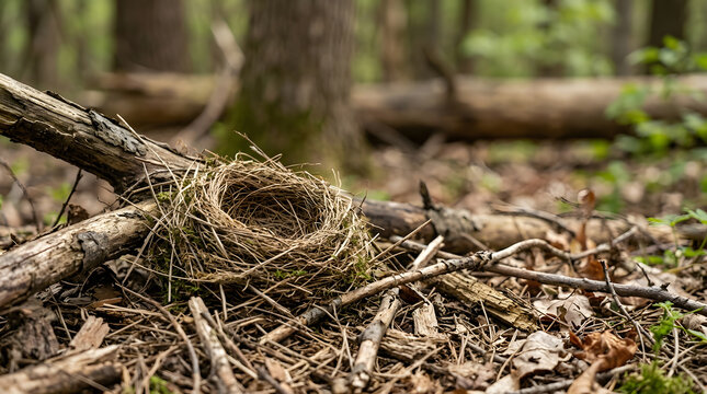 Empty bird nest resting on fallen tree branches in a natural forest environment