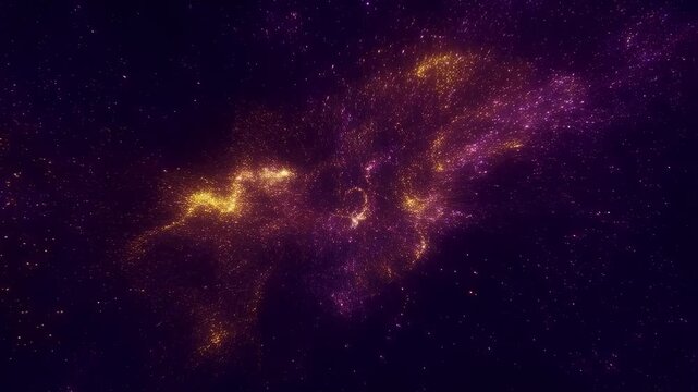 Glowing purple and gold particles swirl through a dark abstract energy field. Title sequence, technology presentation, and science media design.