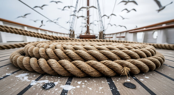 Coiled nautical rope on a wooden boat deck with seagulls flying in the background