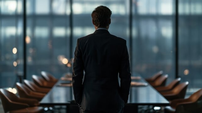 Business executive standing in a modern boardroom before an important meeting