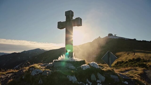 Shining low sun behind carved stone cross on mountain ridge, lighting snow patches and lens flare