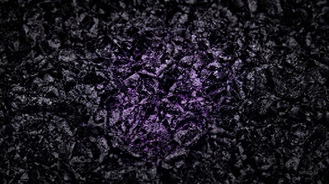Macro texture of crushed dark stone with subtle glowing purple highlights, highly tactile abstract background, deep natural contrast