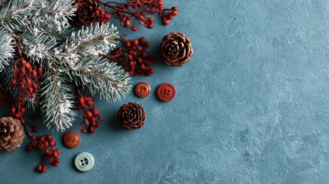 Christmas flat lay with snow-dusted pine branches, red berries, pinecones and vintage buttons on blue background
