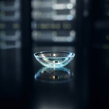 Minimalist AI concept, a clear glass lens resting on a dark reflective surface inside a futuristic server room, cinematic lighting