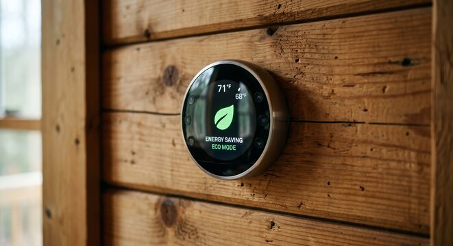 Close up of a smart thermostat on a raw wood wall displaying a green leaf icon, energy saving and smart home concept, cinematic lighting