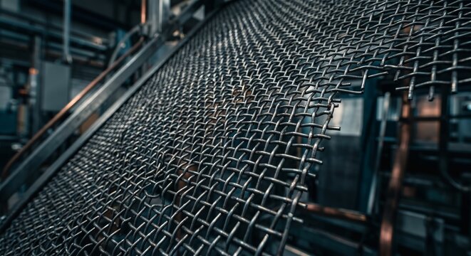 Macro detail of a dark metallic mesh screen, abstract industrial tech background, deep natural contrast