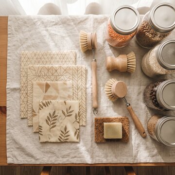 Opened ingredienSustainable zero waste lifestyle flat lay with eco-friendly recycled packaging materials on a rustic wooden table, organic ESG aesthetict