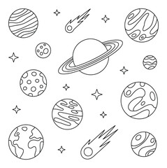Hand-drawn doodle style of planets and comets in space © Vectory Icons