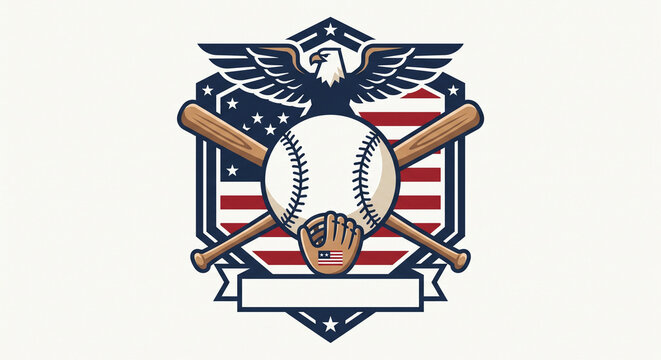 Baseball tournament emblem vector with ball, crossed wooden bats, glove, shield, and blank banner isolated on white