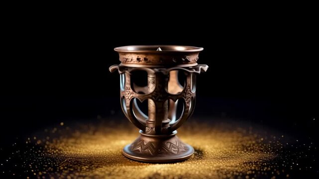 Ornate copper chalice with intricate metalwork in dramatic lighting.
