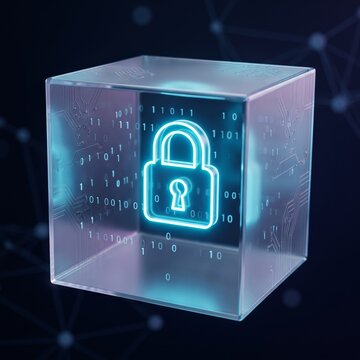 Abstract visualization of data privacy, a glowing neon lock icon inside a translucent digital glass cube, cyber security concept, dark aesthetic