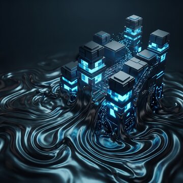 Isometric 3D rendering of a futuristic server node on dark liquid metal with glowing cyan lights, abstract cyber security concept
