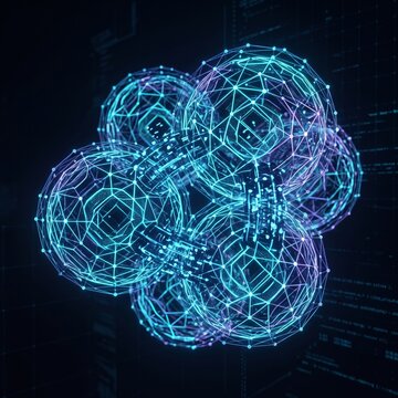 Abstract representation of blockchain technology, interlocking glowing digital spheres floating in dark space, cyber security concept