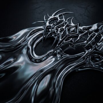 Abstract flowing liquid chrome with sharp cybersigilism tribal shapes emerging from the surface, dark atmospheric lighting